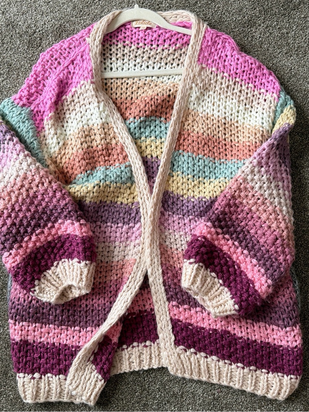 Handmade Multicolor Crochet Cardigan Sweater - Pink & Cream